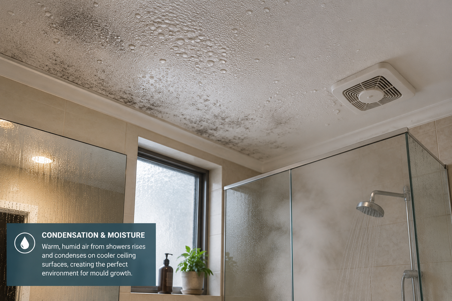 Condensation and early mould growth affecting a bathroom ceiling