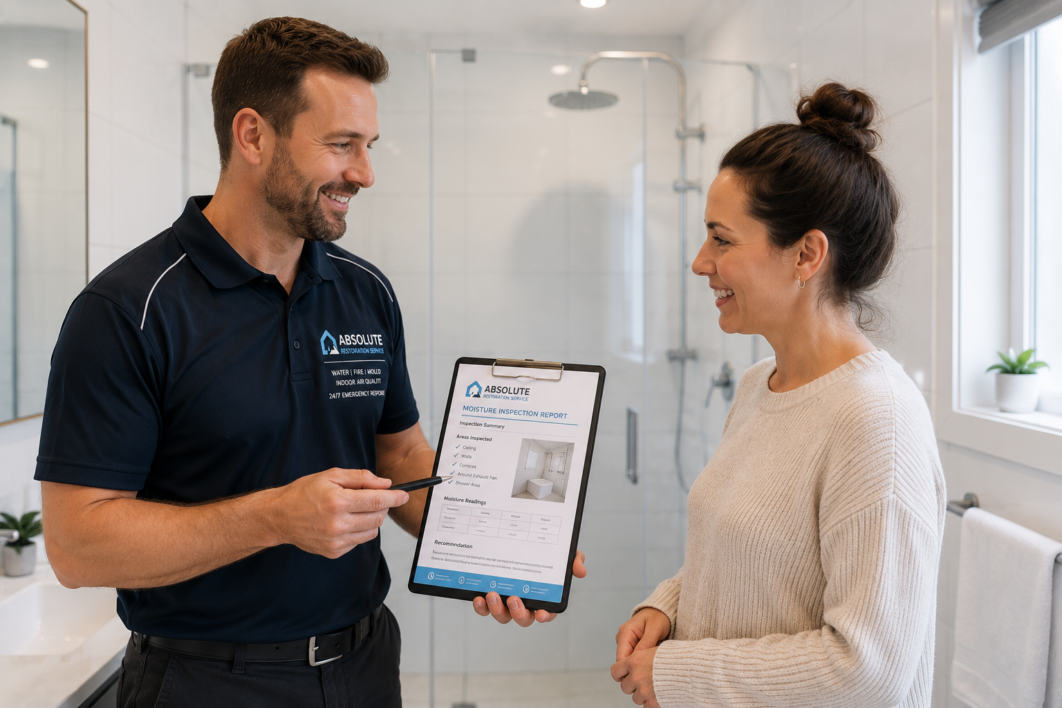 ARS technician discussing bathroom moisture prevention with a Melbourne homeowner
