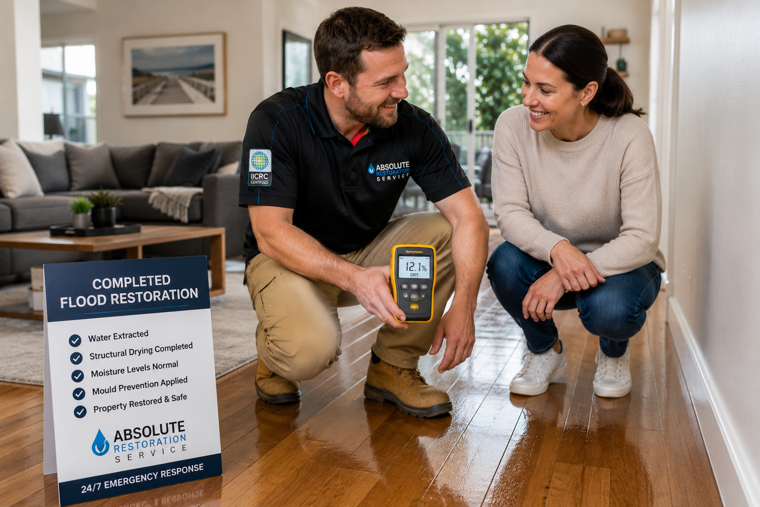 Absolute Restoration Service technician showing a homeowner that flood restoration is complete after confirming safe moisture levels with a professional moisture meter in a restored Melbourne home.