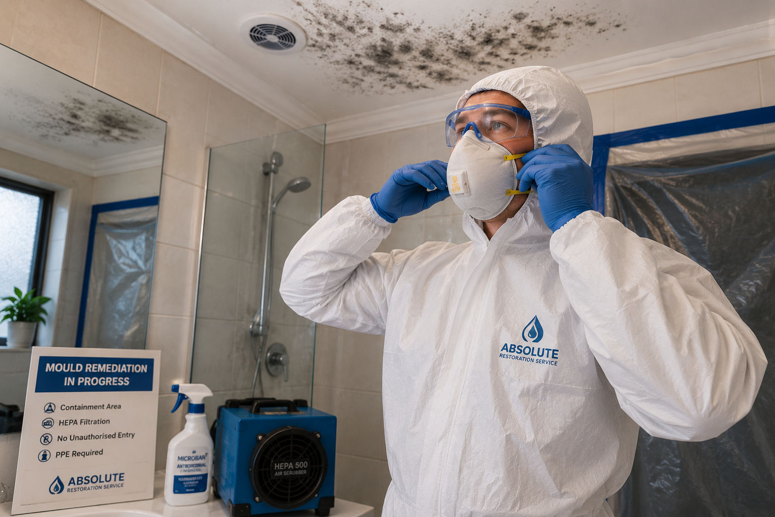 IICRC-certified technician wearing PPE before professional mould remediation