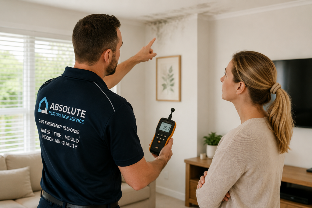 ARS technician inspecting bathroom ceiling mould and moisture with a Melbourne homeowner