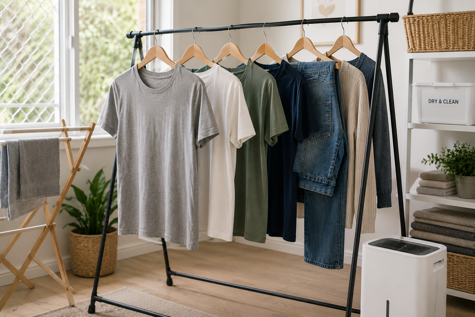 Dry clothing prepared for storage to help prevent moisture inside a wardrobe