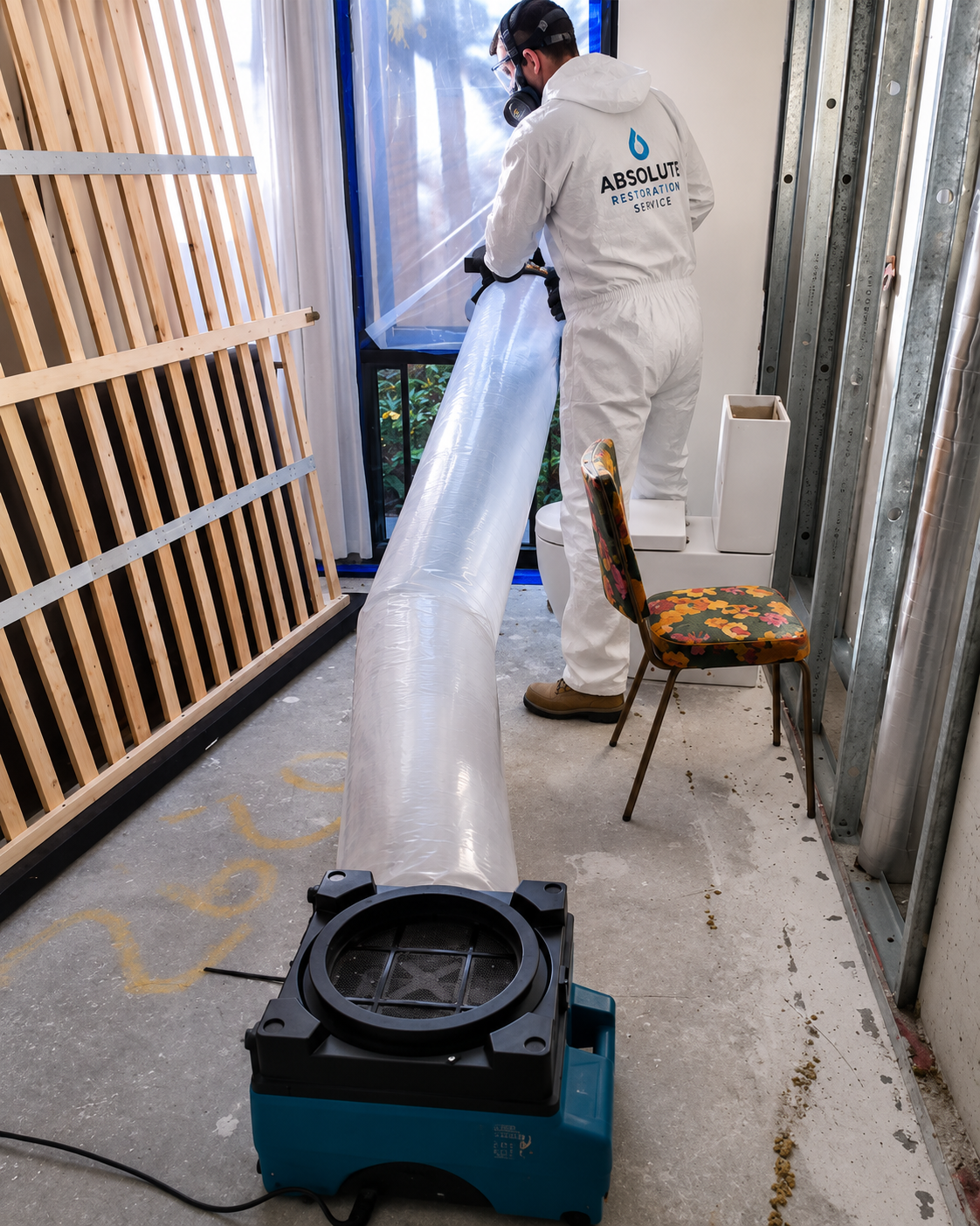 Professional mould remediation technician wearing full PPE operating a negative air exhaust system with layflat ducting inside a contained water-damaged property in Melbourne.