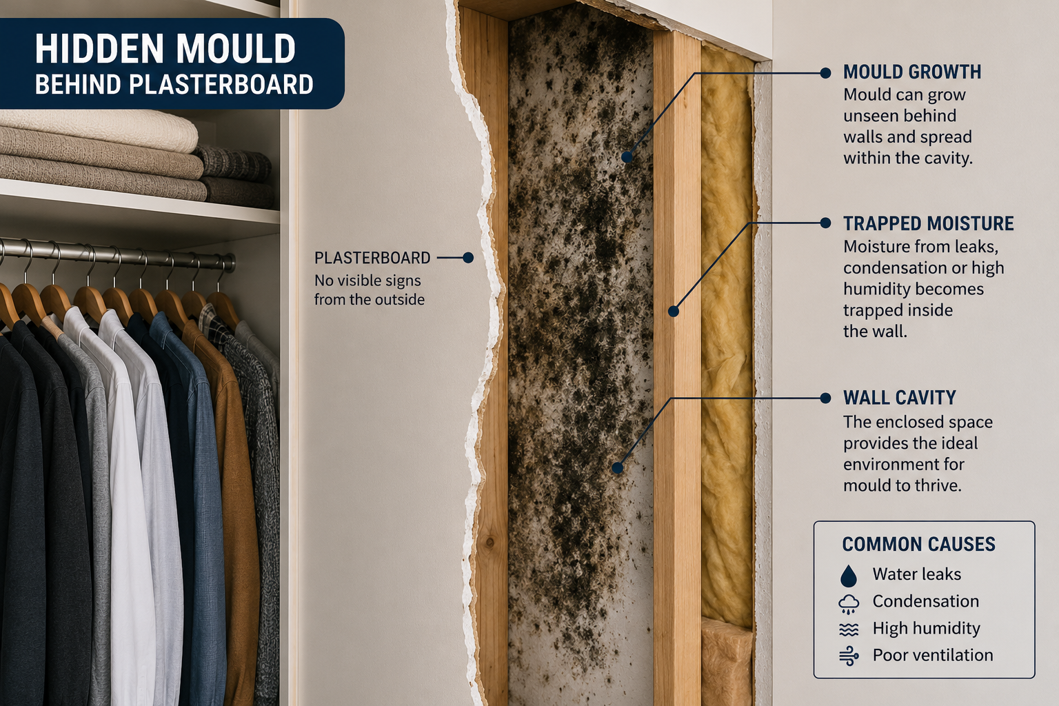 Hidden mould growing behind plasterboard due to trapped moisture
