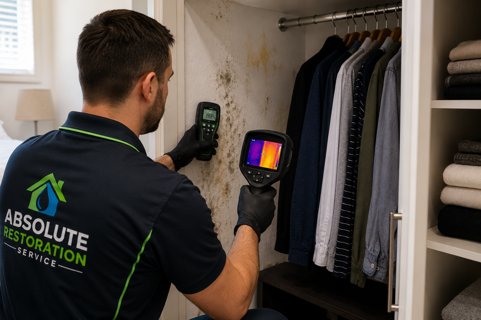 Technician using moisture measurement and thermal imaging during a wardrobe inspection