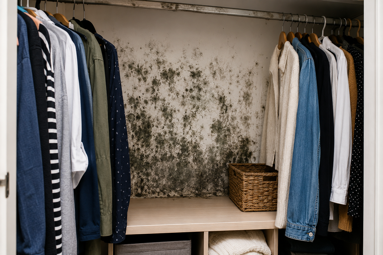 Mould growth on the rear wall inside a wardrobe affected by persistent moisture