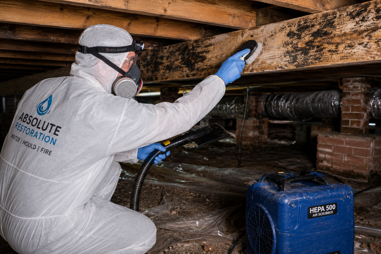 Technician cleaning mould-contaminated subfloor timber in full PPE