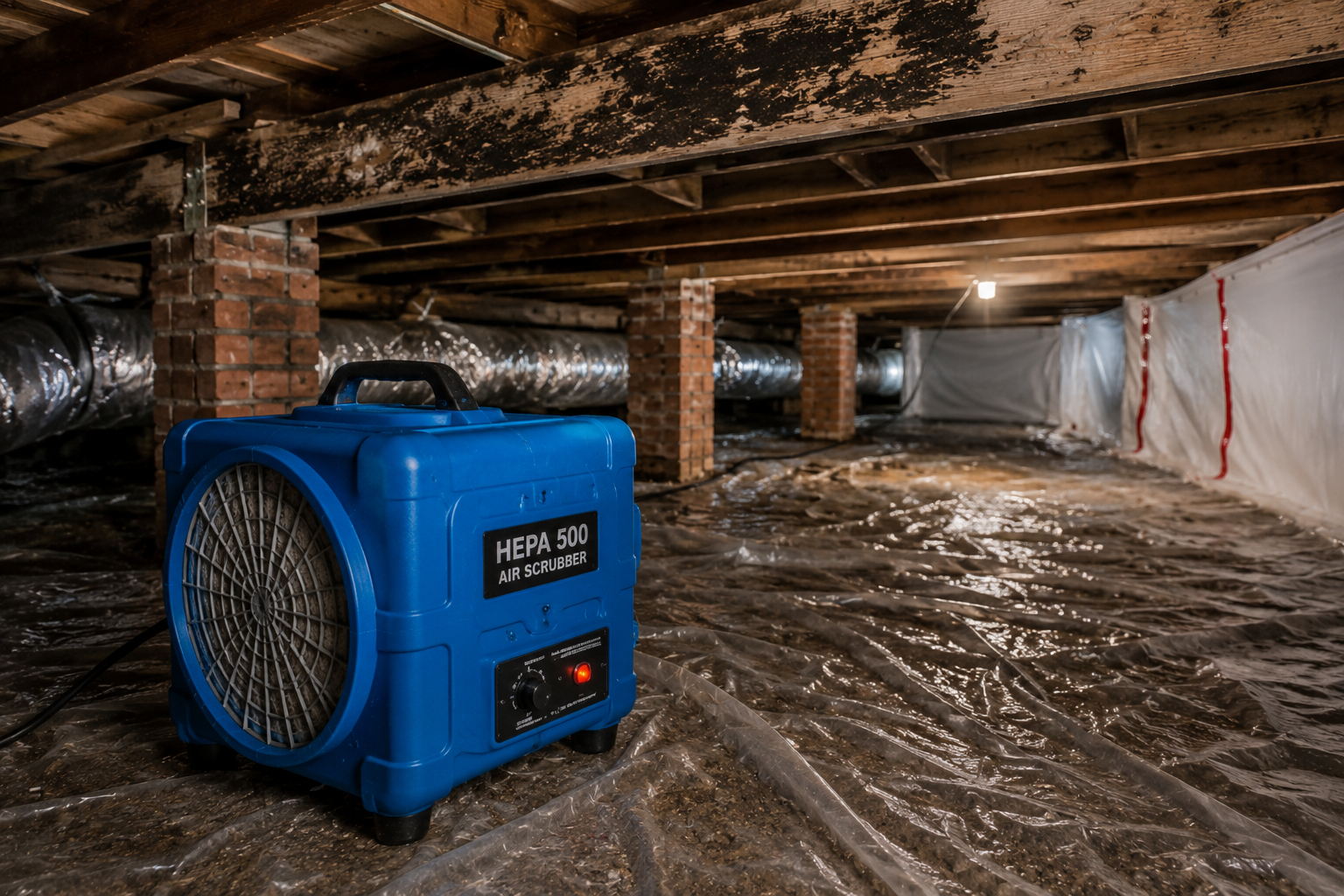 HEPA air scrubber operating during professional subfloor mould remediation