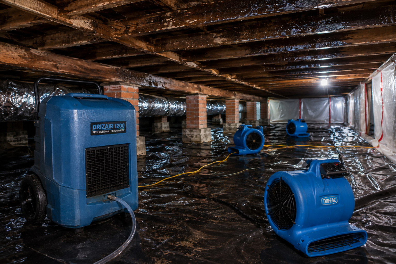 Commercial dehumidifier and high-velocity air movers drying wet timber beneath a suspended timber floor during professional structural drying in Melbourne.