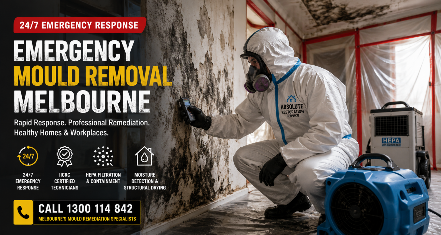 ARS technician assessing extensive mould contamination in a Melbourne property