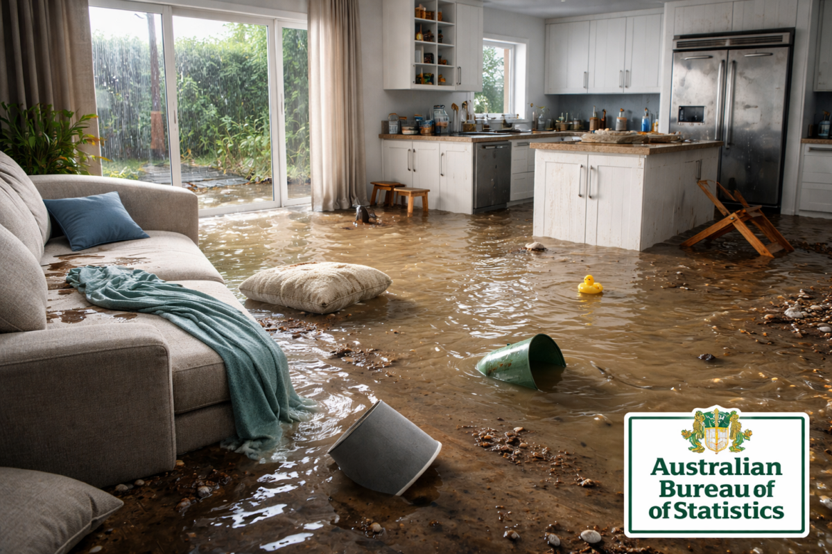 Water damage restoration in progress following flooding, showing water-affected flooring and internal areas