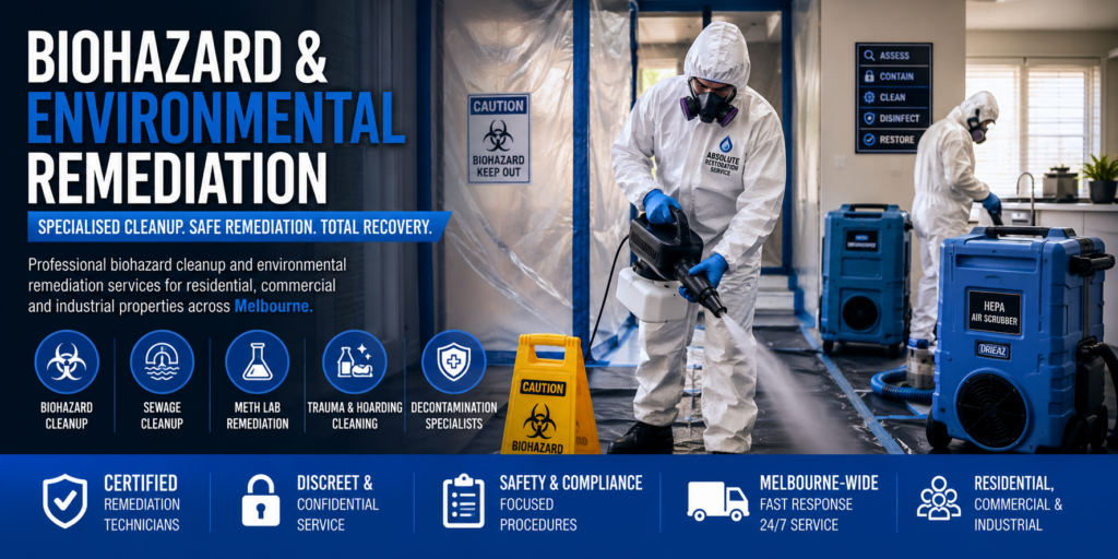 Biohazard remediation technician wearing full PPE performing environmental decontamination beside HEPA air scrubbing equipment within a controlled remediation area in Melbourne.