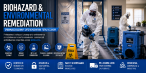 Biohazard remediation technician wearing full PPE performing environmental decontamination beside HEPA air scrubbing equipment within a controlled remediation area in Melbourne.