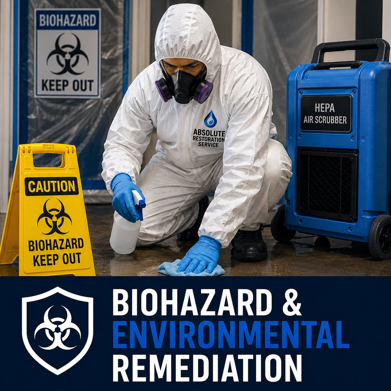Biohazard cleanup technician wearing PPE and using specialist decontamination equipment in Melbourne