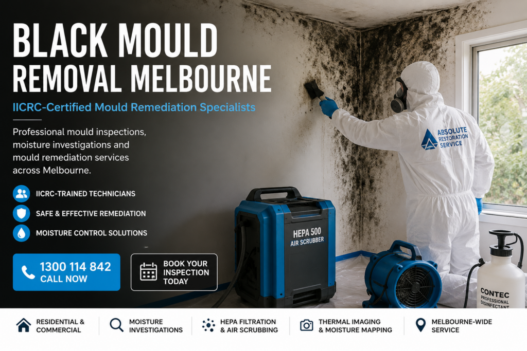 Black mould growing on an internal wall in an Abbotsford property caused by excess moisture and poor ventilation.