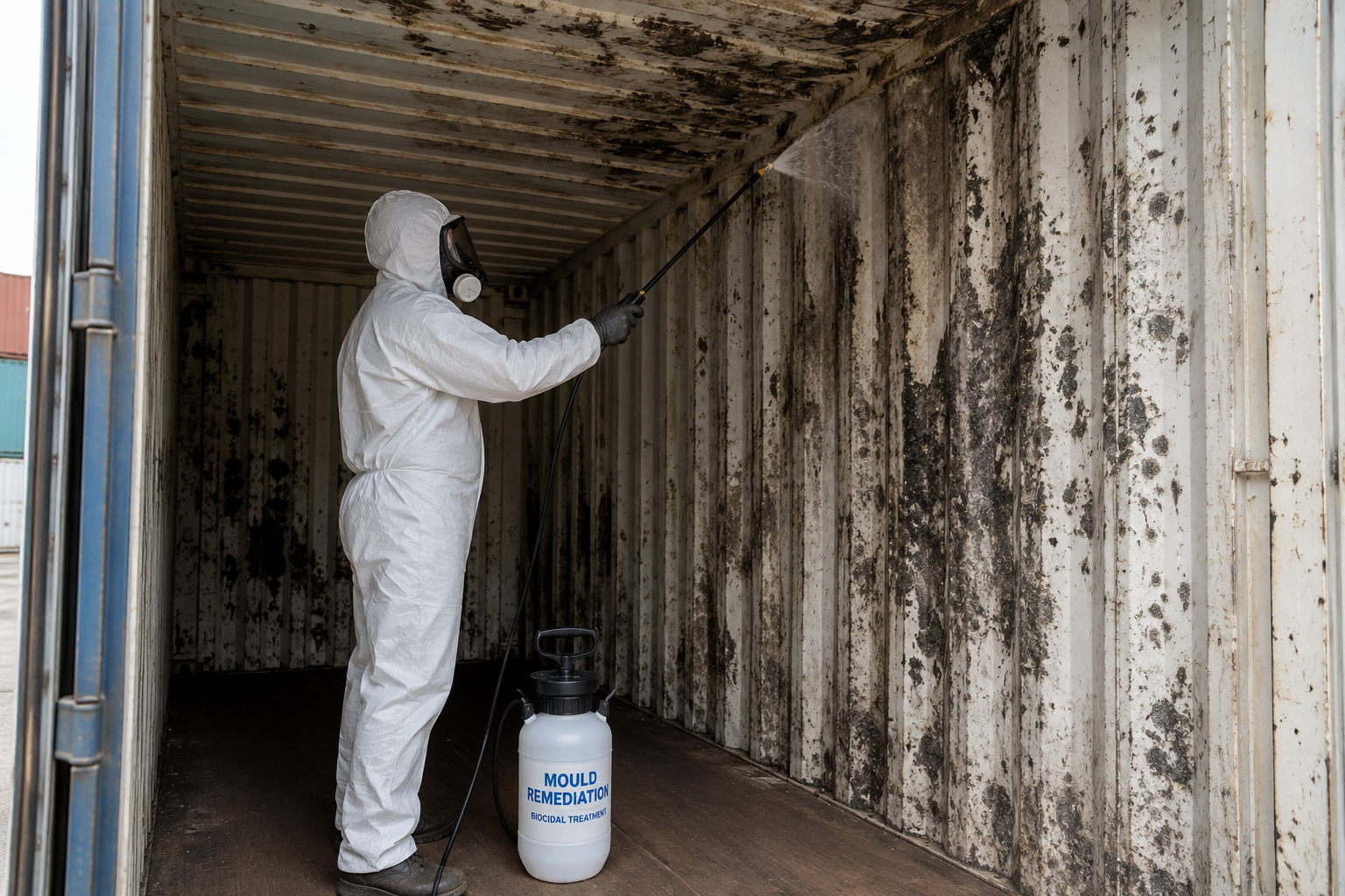 ARS technician performing mould remediation inside a contaminated shipping container in Melbourne