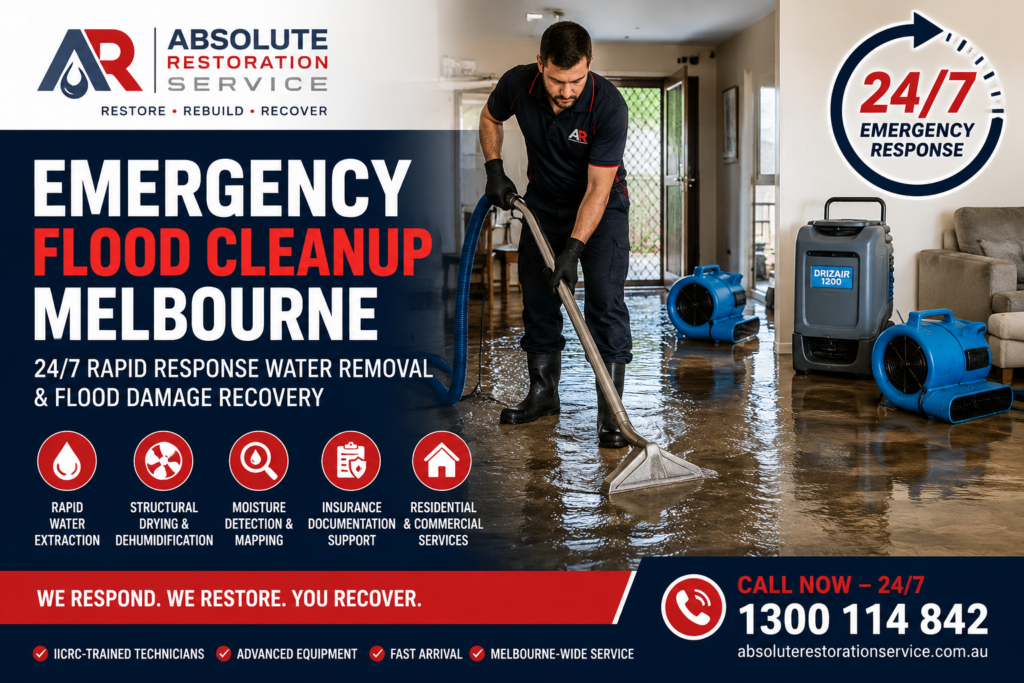 Emergency flood cleanup technician extracting floodwater from a Melbourne home using commercial water extraction and structural drying equipment.
