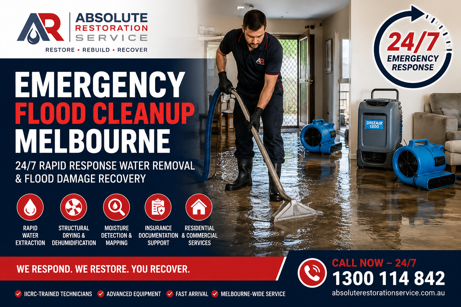 Emergency flood cleanup technician extracting floodwater from a Melbourne home using commercial water extraction and structural drying equipment.