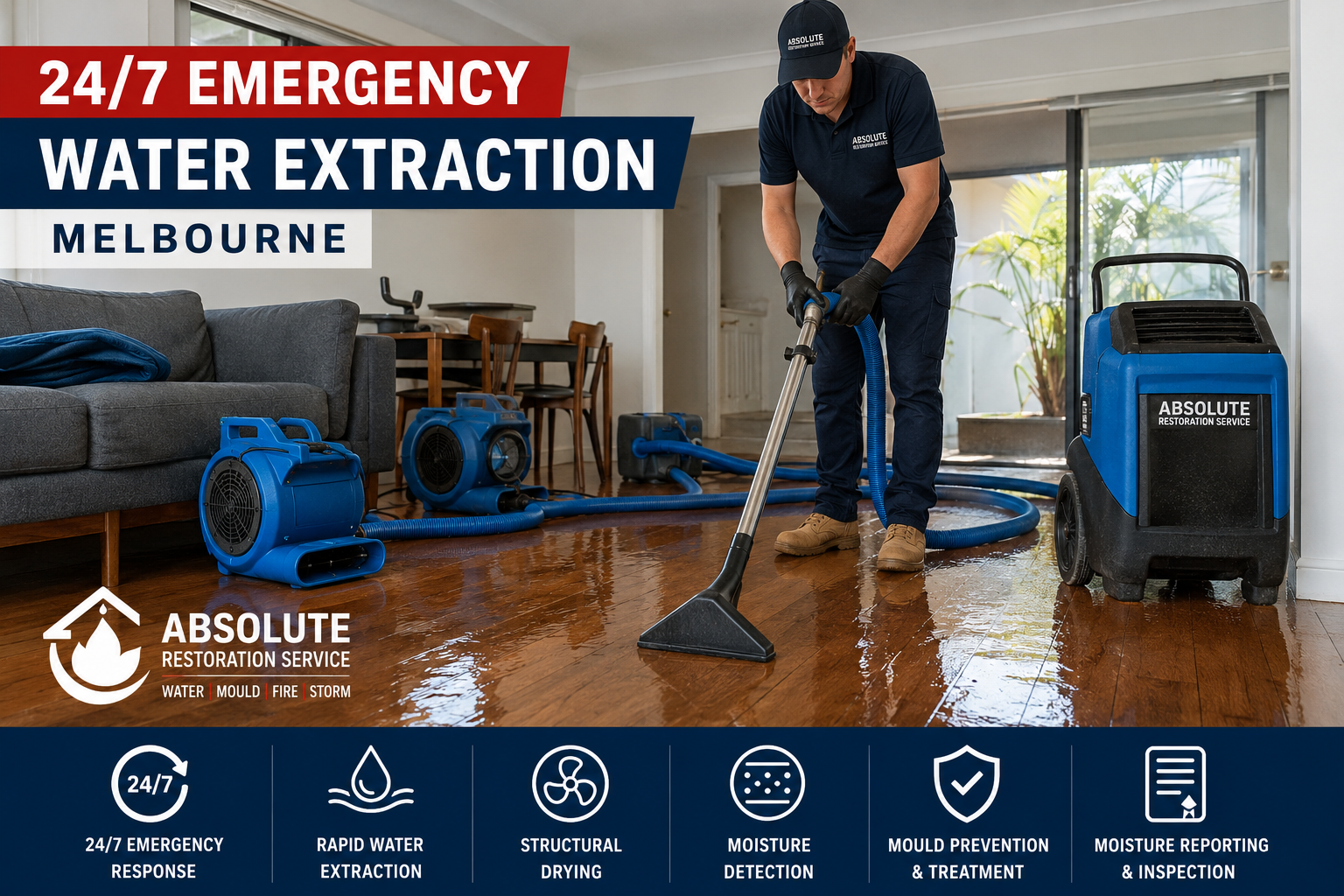 Emergency water extraction technician removing flood water from timber flooring inside Melbourne home