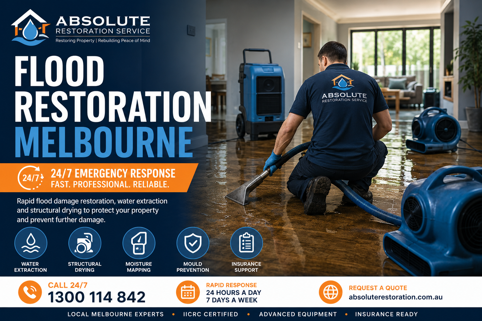 Flood restoration technician performing emergency water extraction and structural drying inside a flood-damaged Melbourne home using commercial restoration equipment.