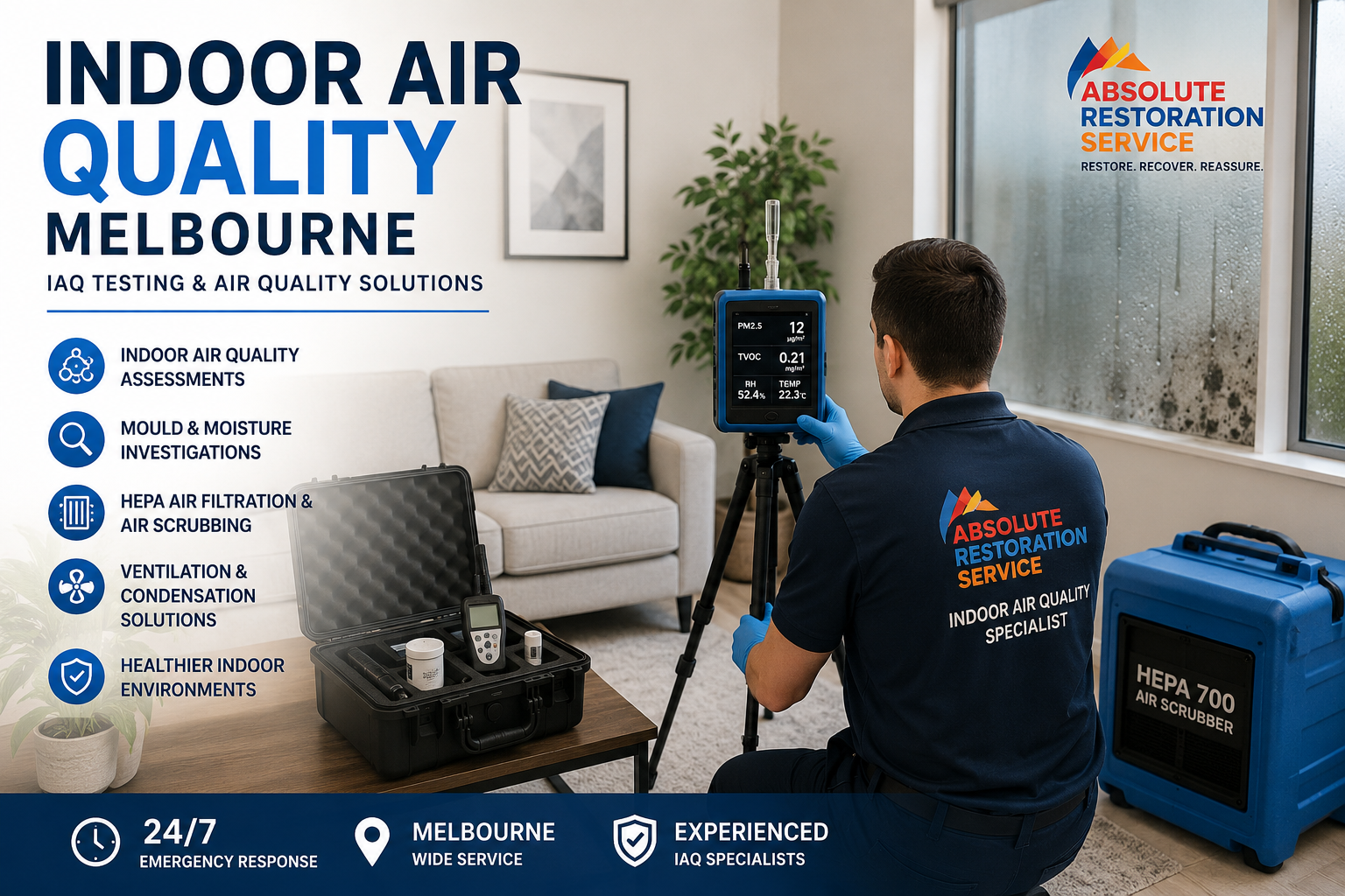 Indoor air quality specialist conducting IAQ testing using professional monitoring equipment and HEPA air filtration systems inside a Melbourne property affected by moisture and condensation.