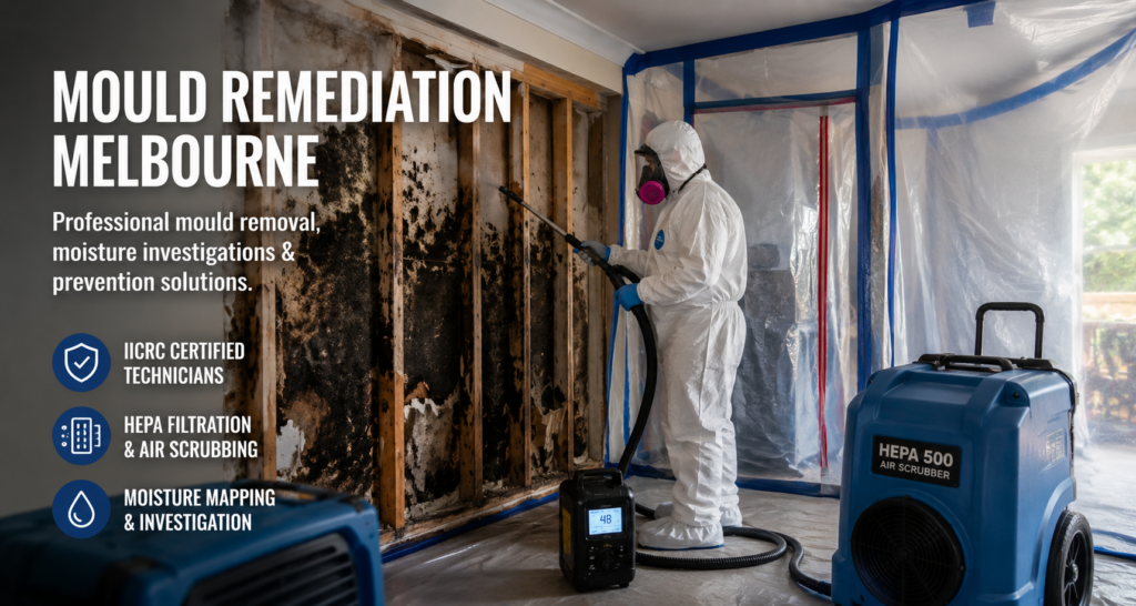 ARS technician carrying out controlled black mould remediation with containment and HEPA filtration in Melbourne