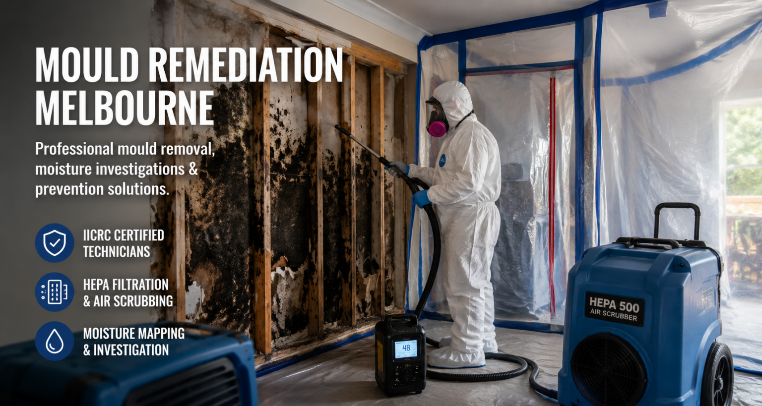 IICRC-trained technician performing controlled mould remediation with HEPA equipment