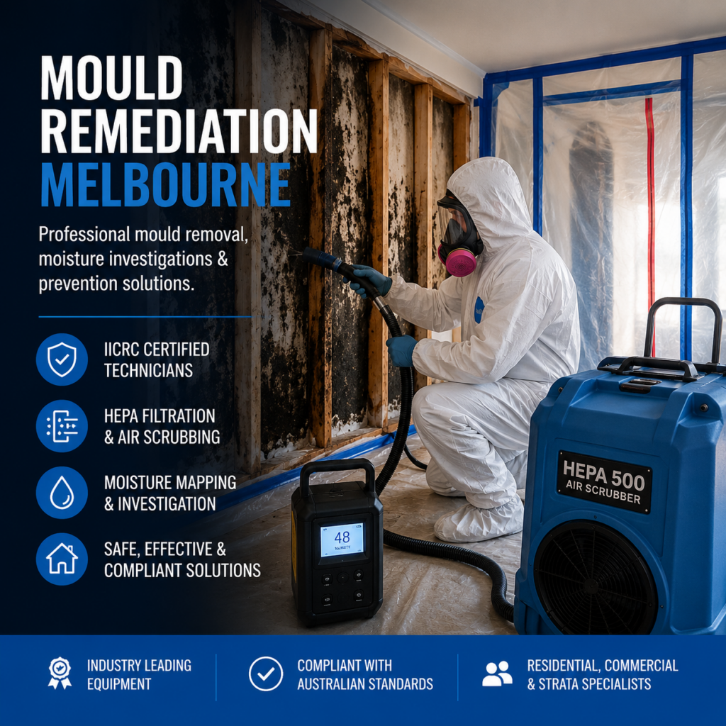 IICRC-certified mould remediation technician removing black mould contamination from wall framing using HEPA air scrubbing equipment and containment barriers in a Melbourne property.