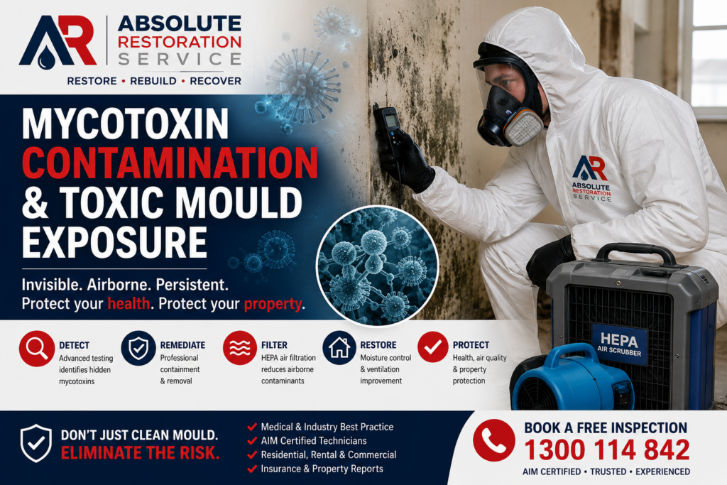 Technician wearing protective equipment inspecting toxic mould contamination and potential mycotoxin exposure in a water-damaged Melbourne property.