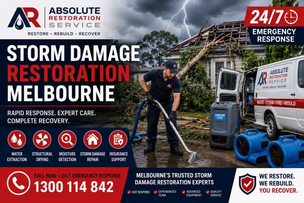 Storm damage restoration technician cleaning up a Melbourne property after severe weather, wind damage and flooding using professional restoration equipment.