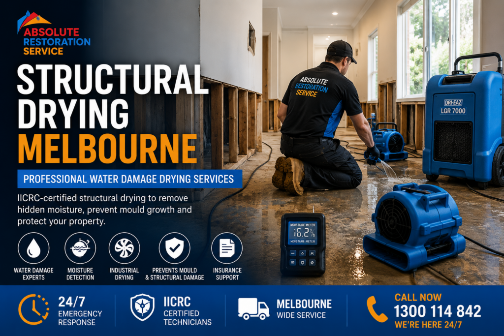 Structural drying technician using commercial dehumidifiers and air movers to dry a water-damaged property in Melbourne after flooding and water intrusion.