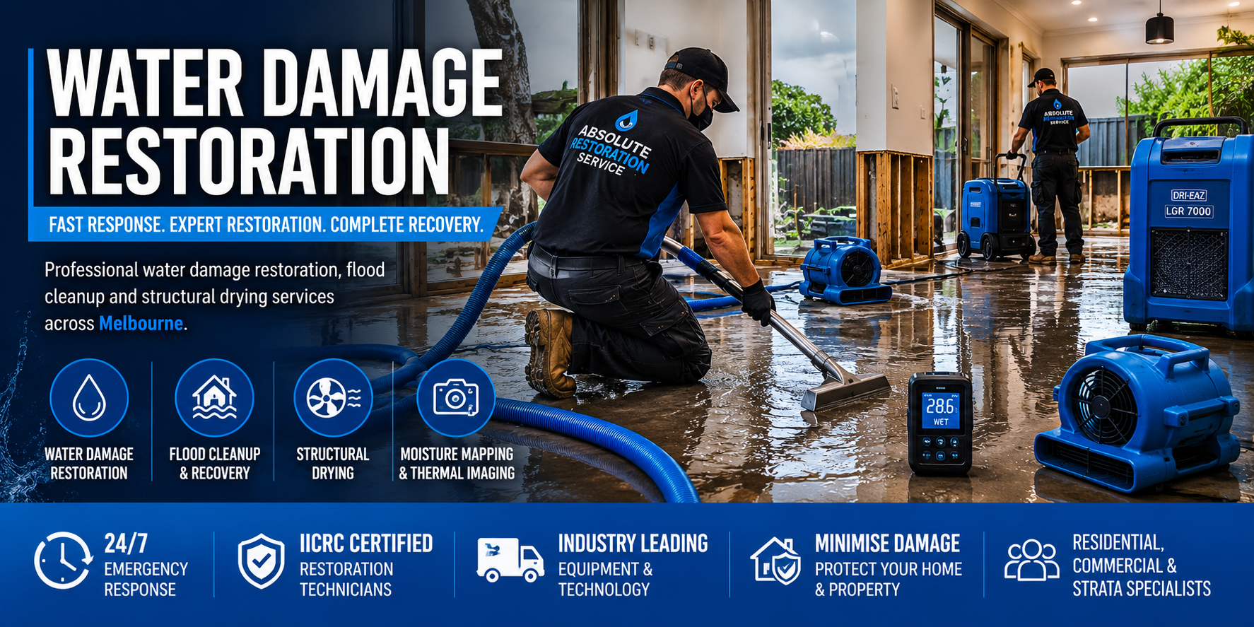 Emergency water damage restoration technician extracting flood water and undertaking structural drying inside a Melbourne property.