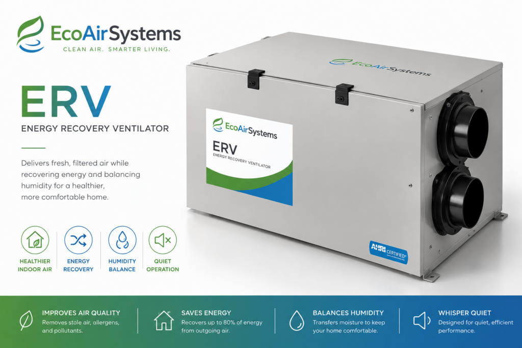 EcoAirSystems Energy Recovery Ventilator (ERV) unit displayed in a modern product advertisement highlighting fresh air ventilation, energy recovery, humidity control, and quiet operation for residential indoor air quality improvement.