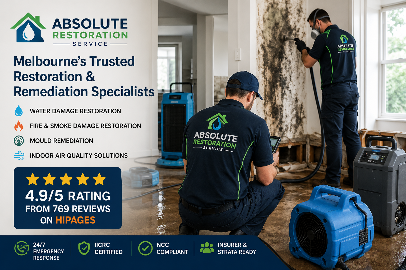 Absolute Restoration Service technicians performing mould remediation and water damage restoration in a Melbourne property using professional drying equipment, HEPA filtration systems, and restoration technology.