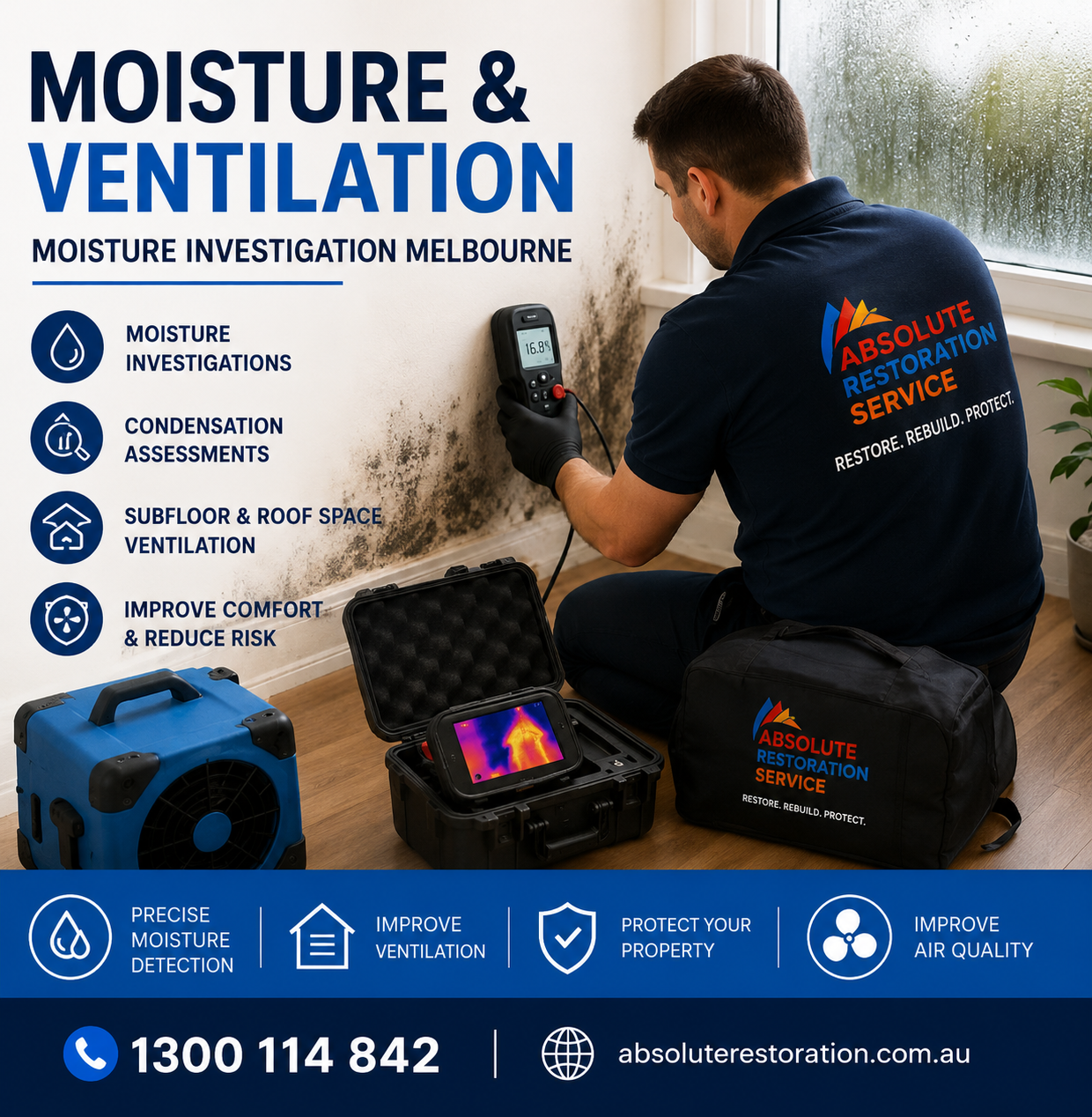 Technician performing moisture mapping after flood damage using a professional moisture meter to detect hidden water damage inside walls and flooring.
