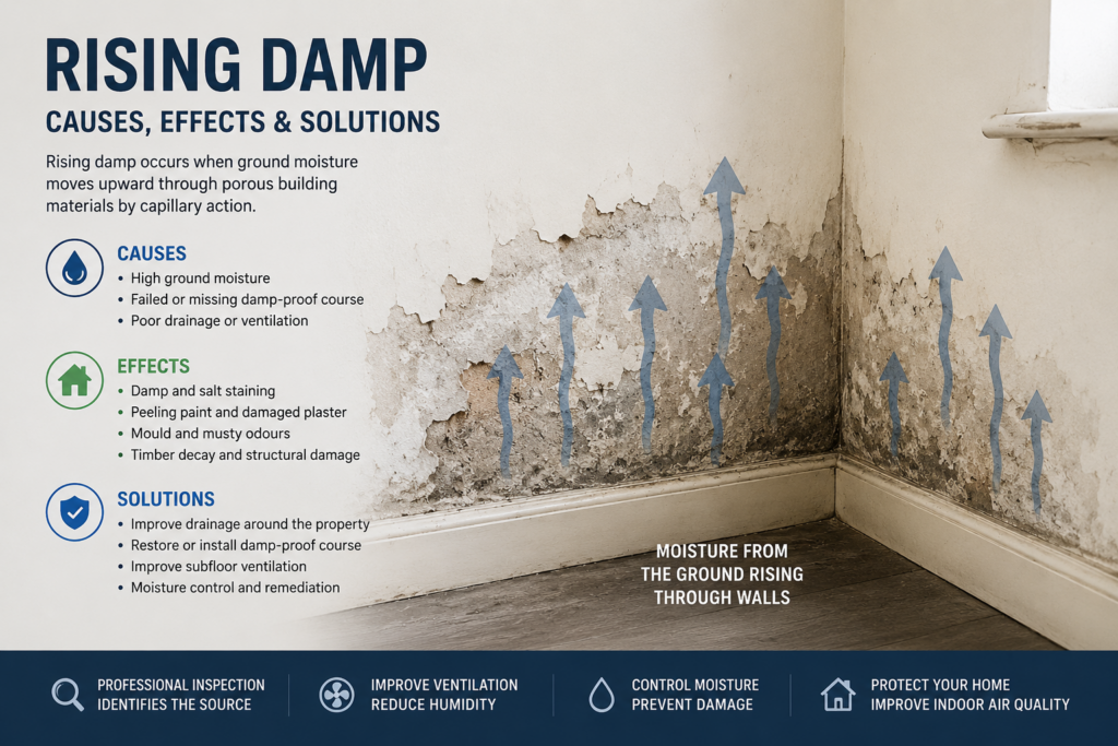 Rising damp affecting an internal wall with moisture damage, peeling paint, mould growth, and arrows showing groundwater rising through masonry.