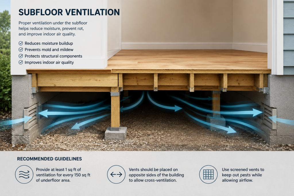 Subfloor ventilation system beneath a raised timber floor showing airflow through foundation vents to reduce moisture, prevent mold growth, and improve indoor air quality.