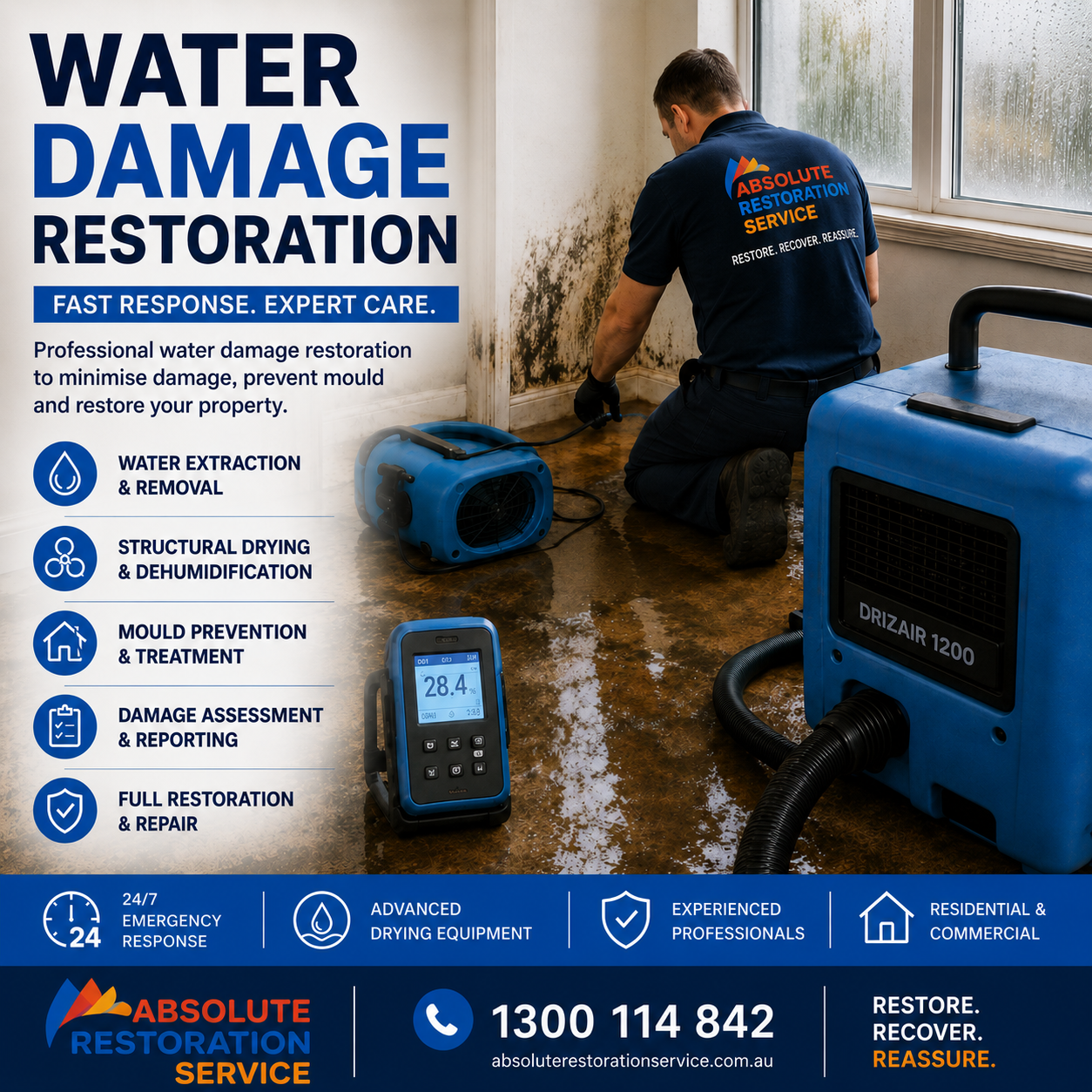 24/7 Water Damage Restoration Melbourne Water damage restoration flyer showing a technician, commercial drying equipment and the Absolute Restoration Service emergency contact number.