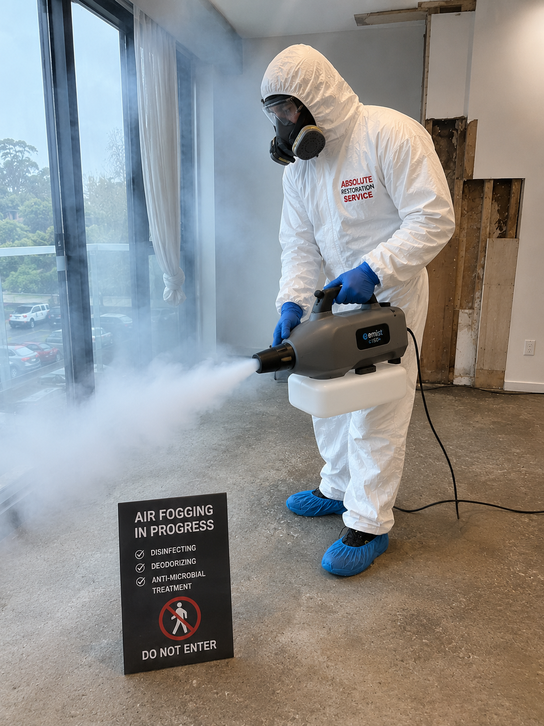 Technician in full PPE performing controlled treatment during mould remediation