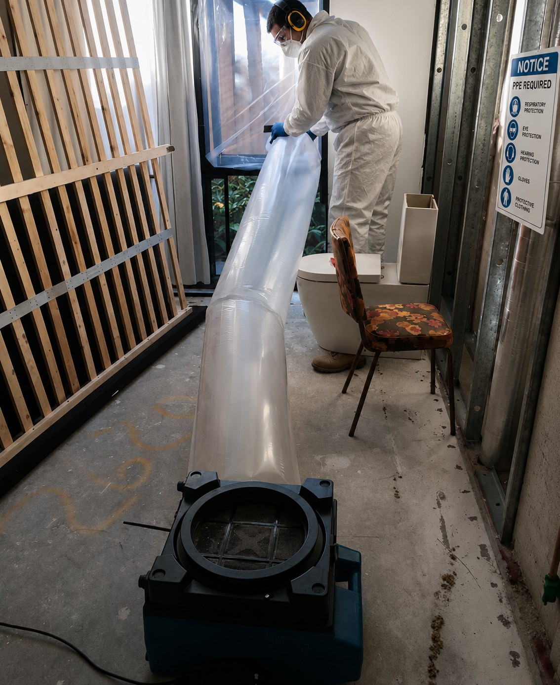 Technician installing negative-air ducting during professional mould remediation