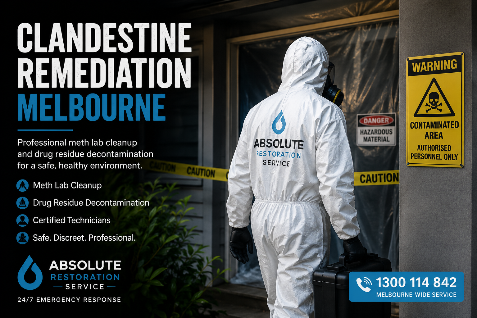 Absolute Restoration Service technician wearing full PPE performing clandestine remediation and meth lab cleanup at a contaminated property in Melbourne.