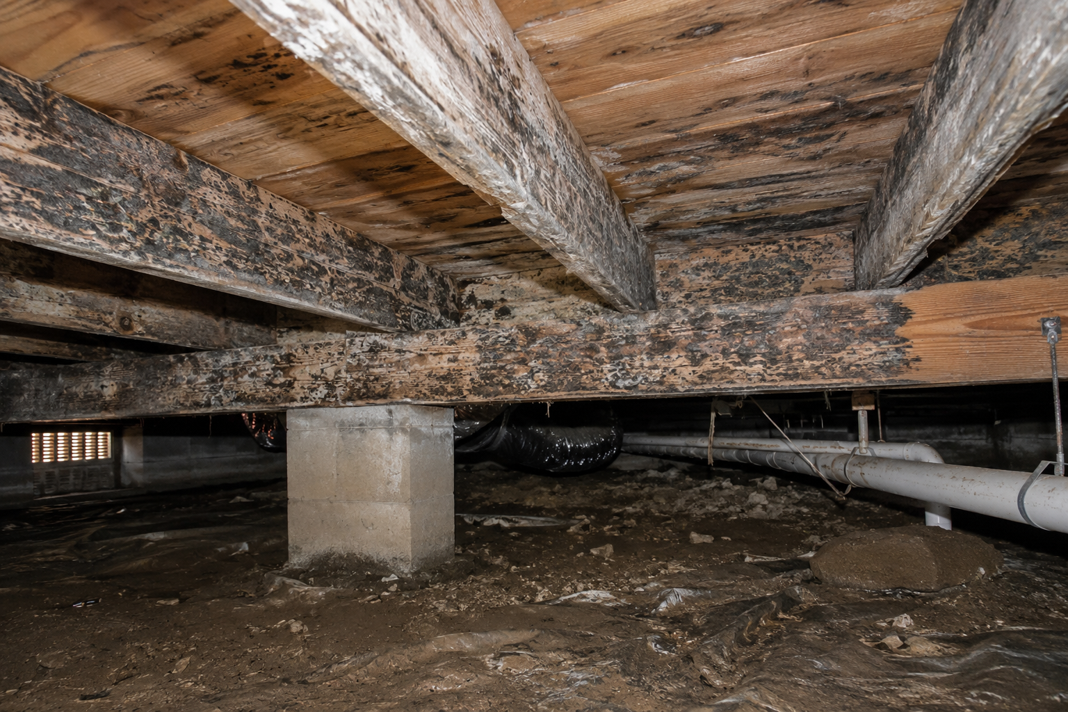 Crawl space mould growing on timber floor joists beneath a Melbourne home requiring professional mould remediation and moisture control.