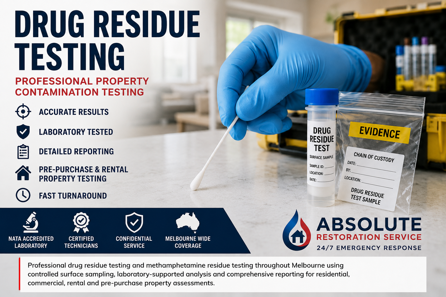 Professional drug residue testing technician collecting a controlled surface sample for methamphetamine and property contamination testing in Melbourne.