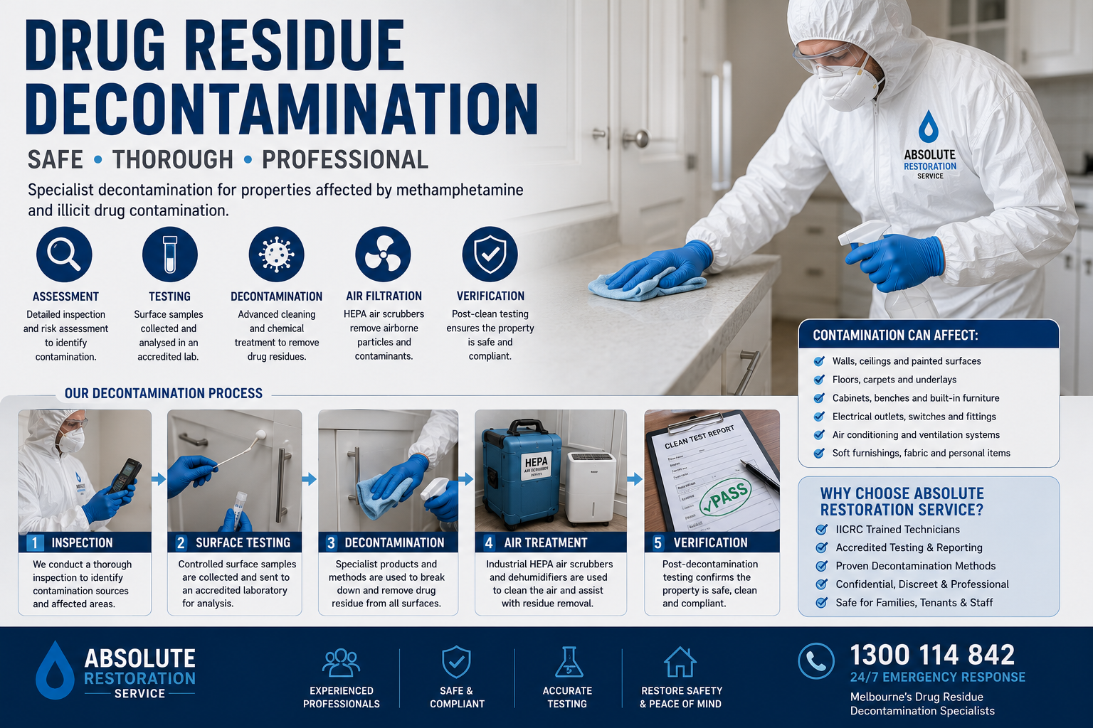 Drug residue decontamination infographic showing professional inspection, surface testing, specialised cleaning, HEPA air filtration and post-remediation verification.
