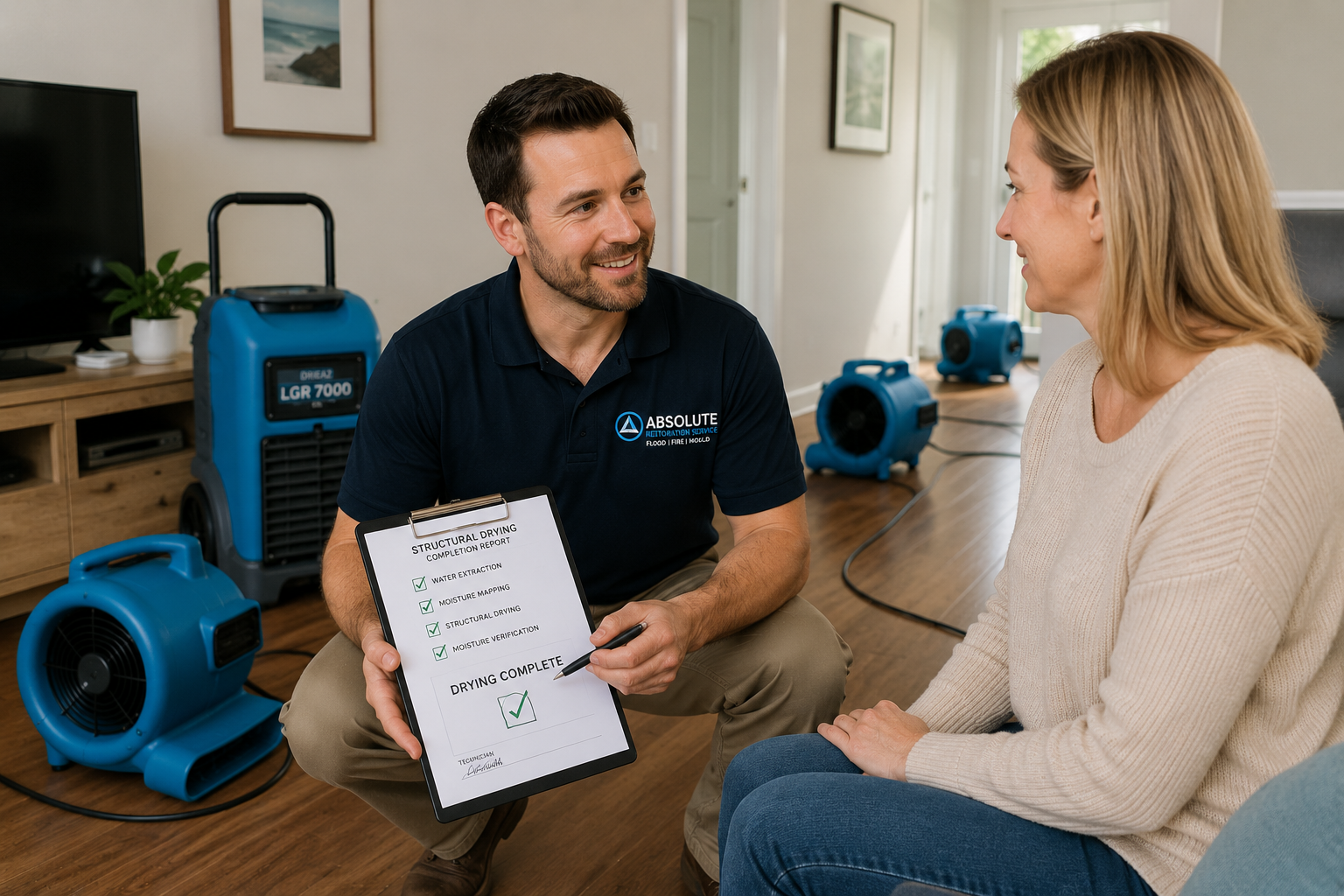 Technician discussing completed structural drying with a homeowner while commercial drying equipment remains in place at a Melbourne property.