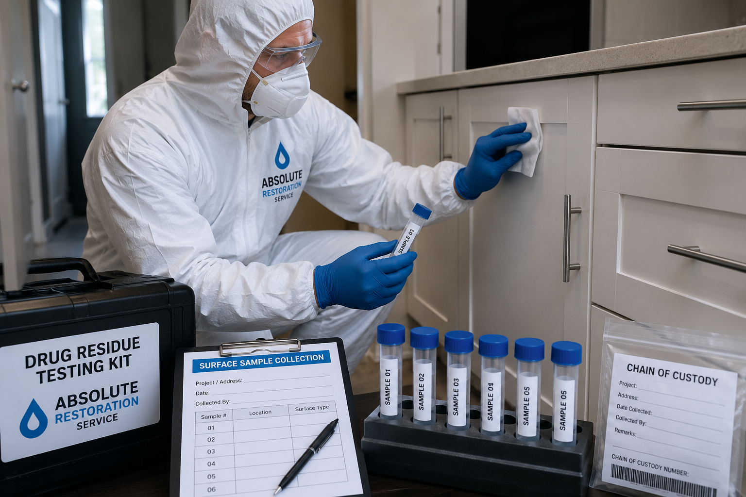 Technician wearing full PPE collecting a controlled surface wipe sample from kitchen cabinetry during a professional drug residue contamination assessment in Melbourne.