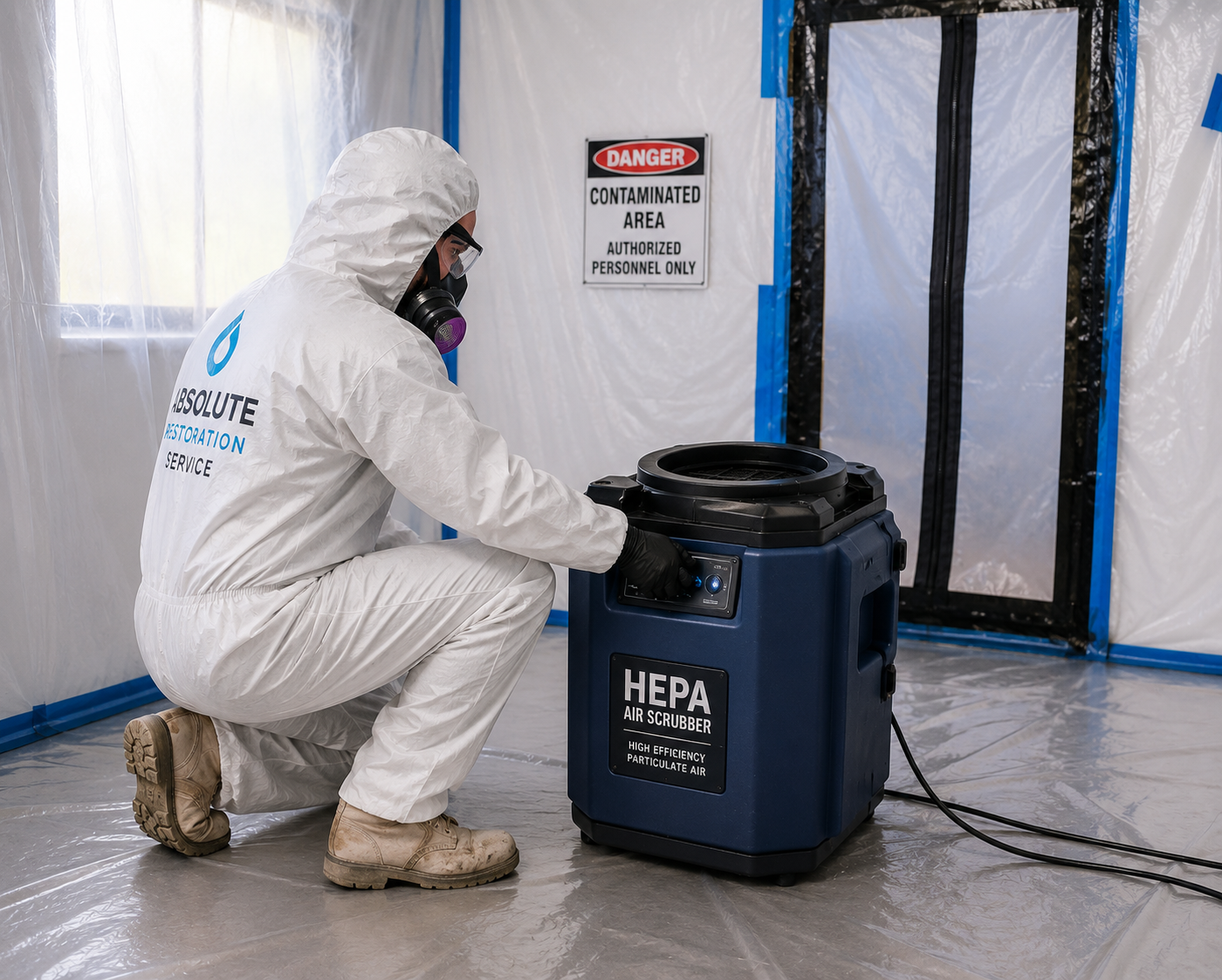 Absolute Restoration Service technician wearing full PPE operating a HEPA air scrubber inside a contained remediation room to remove airborne contaminants during clandestine remediation in Melbourne.