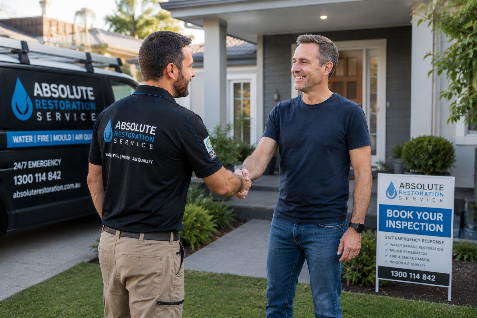 Absolute Restoration Service technician shaking hands with a satisfied homeowner outside a restored Melbourne property following the successful completion of professional water damage restoration.