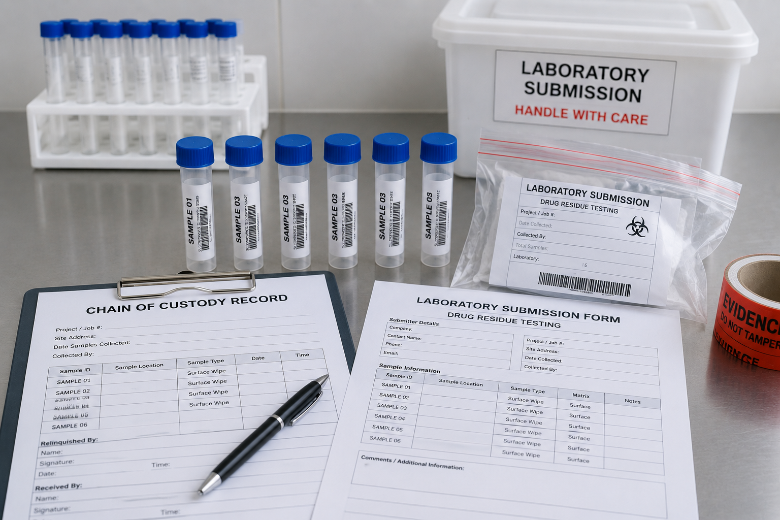 Sealed drug residue sample containers, laboratory submission forms and chain-of-custody documentation prepared for laboratory analysis during a property contamination assessment.