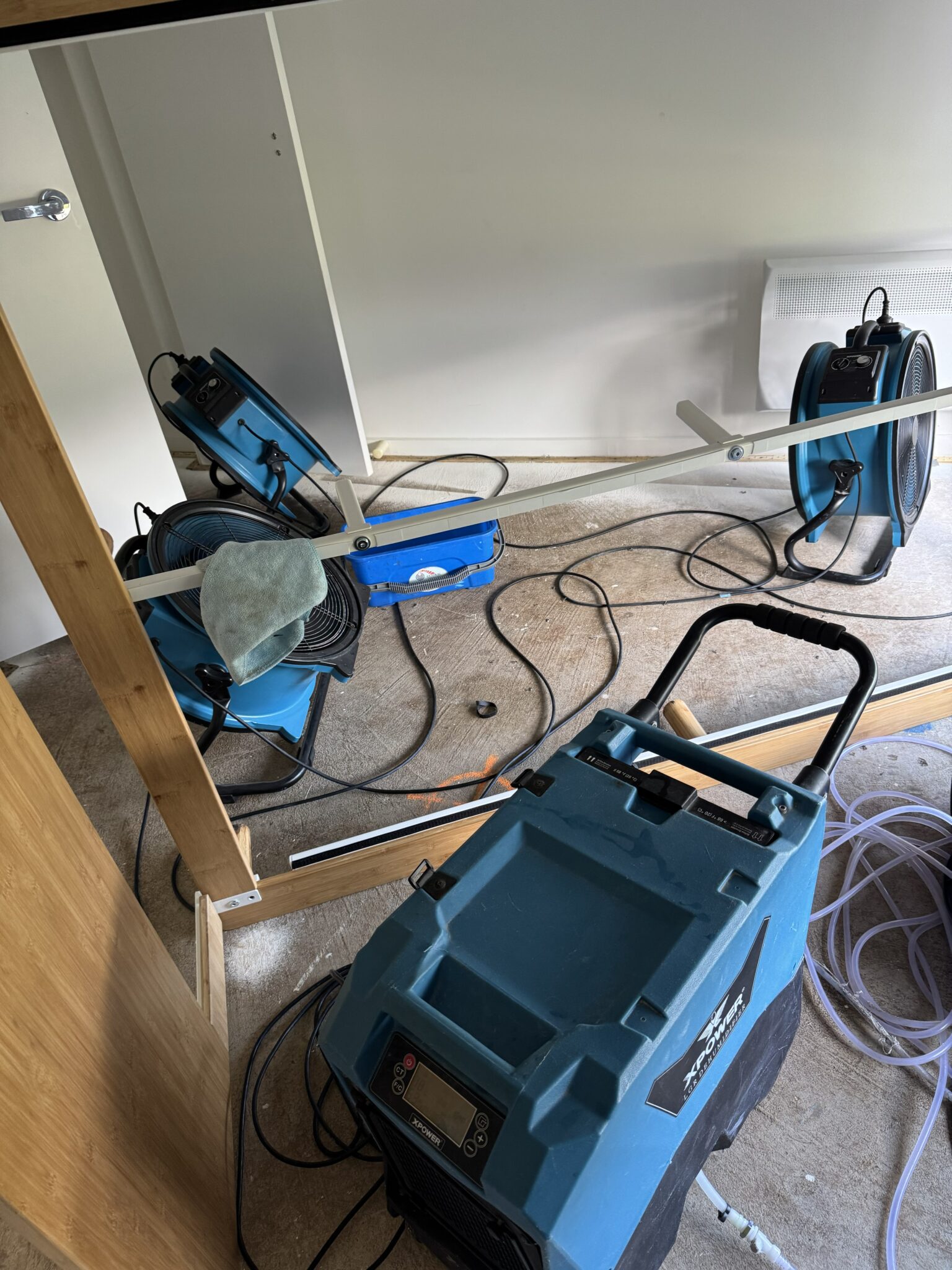 Commercial dehumidifiers and air movers drying a Melbourne apartment